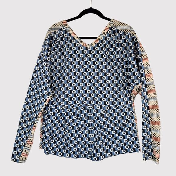 Marni H&M Womens Top Blue Geometric Two Tone V Neck Long Sleeve Blouse Size 10 - Picture 2 of 11